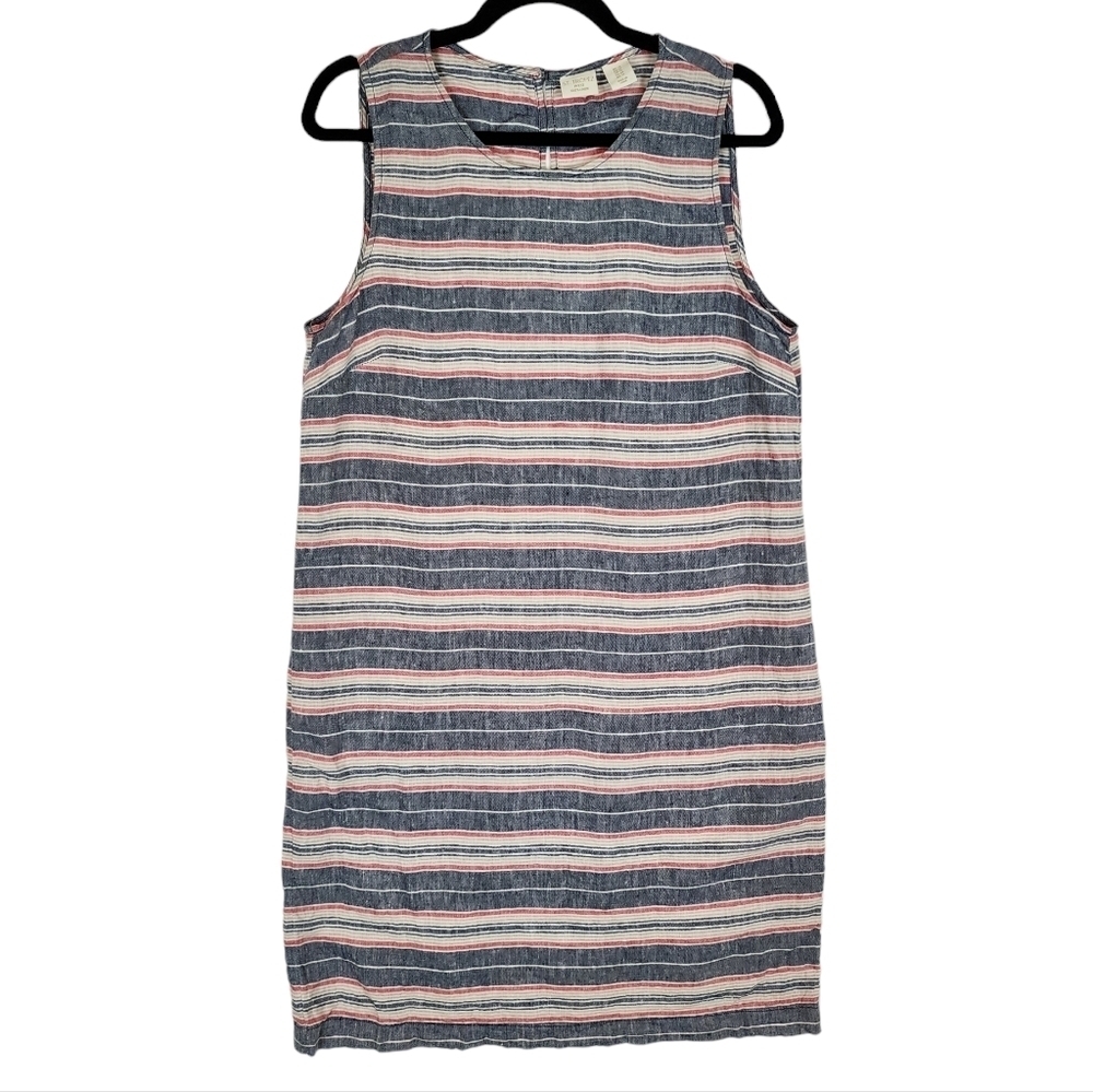 St. Tropez West 100% Linen Stripe Summer Dress Breathable Beachy Red Blue Tan 10